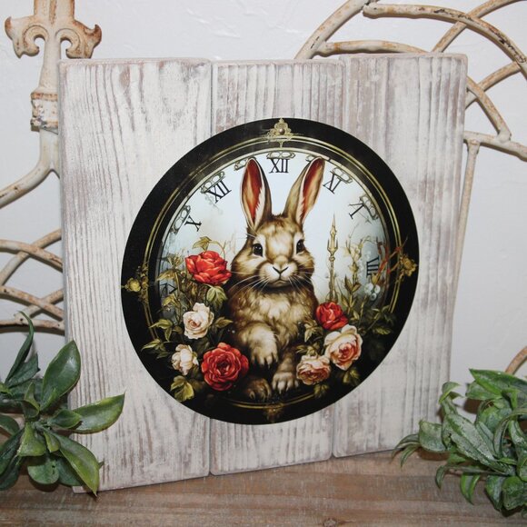 NEW! Shabby French Country Cottage Bunny Rabbit & Roses Wall Decor Plaque - Picture 1 of 4